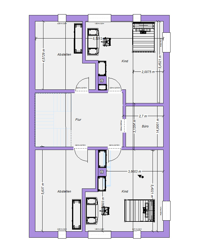 Zweidimensionaler Hausgrundriss mit Flur, Abstellräumen, Kind- und Büro-Räumen und Treppen