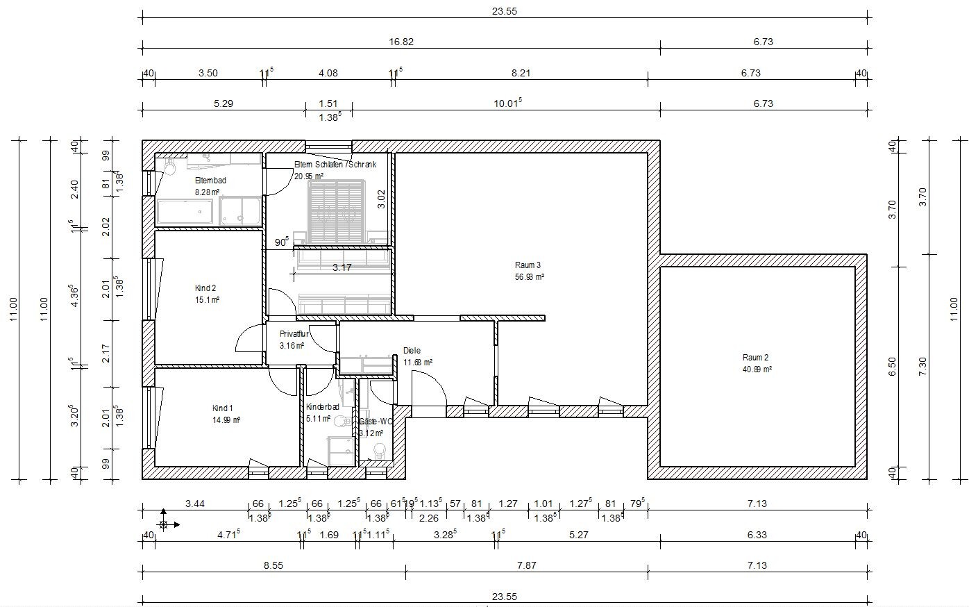 2D-Grundriss eines Hauses mit mehreren Zimmern, Fluren und Türen