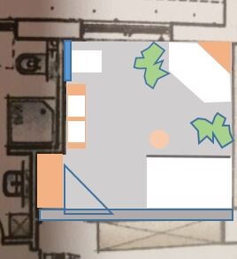 Grundriss eines Hauses mit Innenraumaufteilung und farbigen Akzenten in Blau und Orange