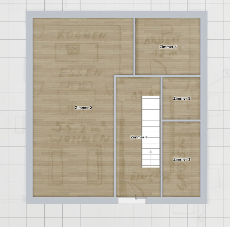 Grundriss eines Gebäudes mit fünf Zimmern (1–5); links großes Zimmer, zentrale Treppe.