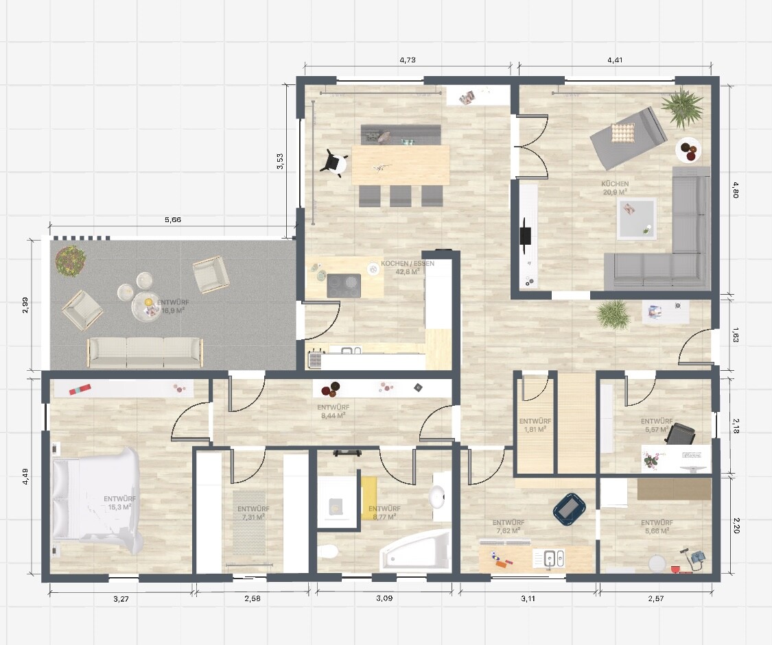 Grundriss eines Apartments mit Küche, Essbereich, Wohnzimmer, Schlafzimmer, Bad und Terrasse.