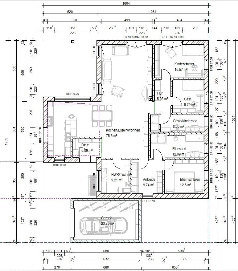 Grundriss: Küche/Wohnen, Flur, Diele, Gäste-/Kinderzimmer, Elternschlafen, Gäste-/Kinderbad, Garage