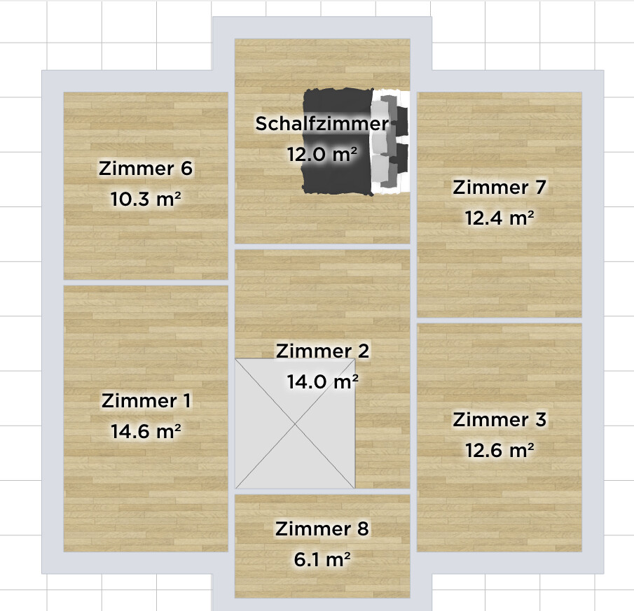 Grundriss eines Hauses mit 8 Zimmern und Schlafzimmer, jeweils mit Fläche in m².