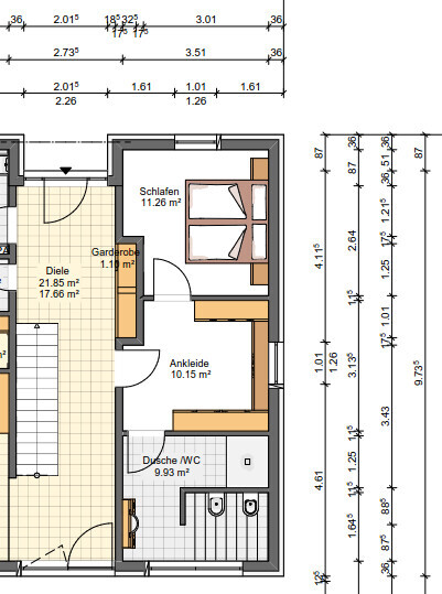 Grundrissplan eines Hauses mit Schlafzimmer, Ankleide, Dusche/WC und Diele, detaillierte Raumaufteilung