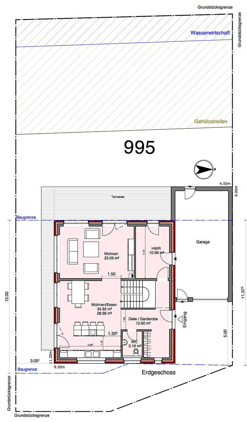 Grundrissplan eines Hauses mit Terrasse, Garage und Grundstücksgrenze im Erdgeschoss