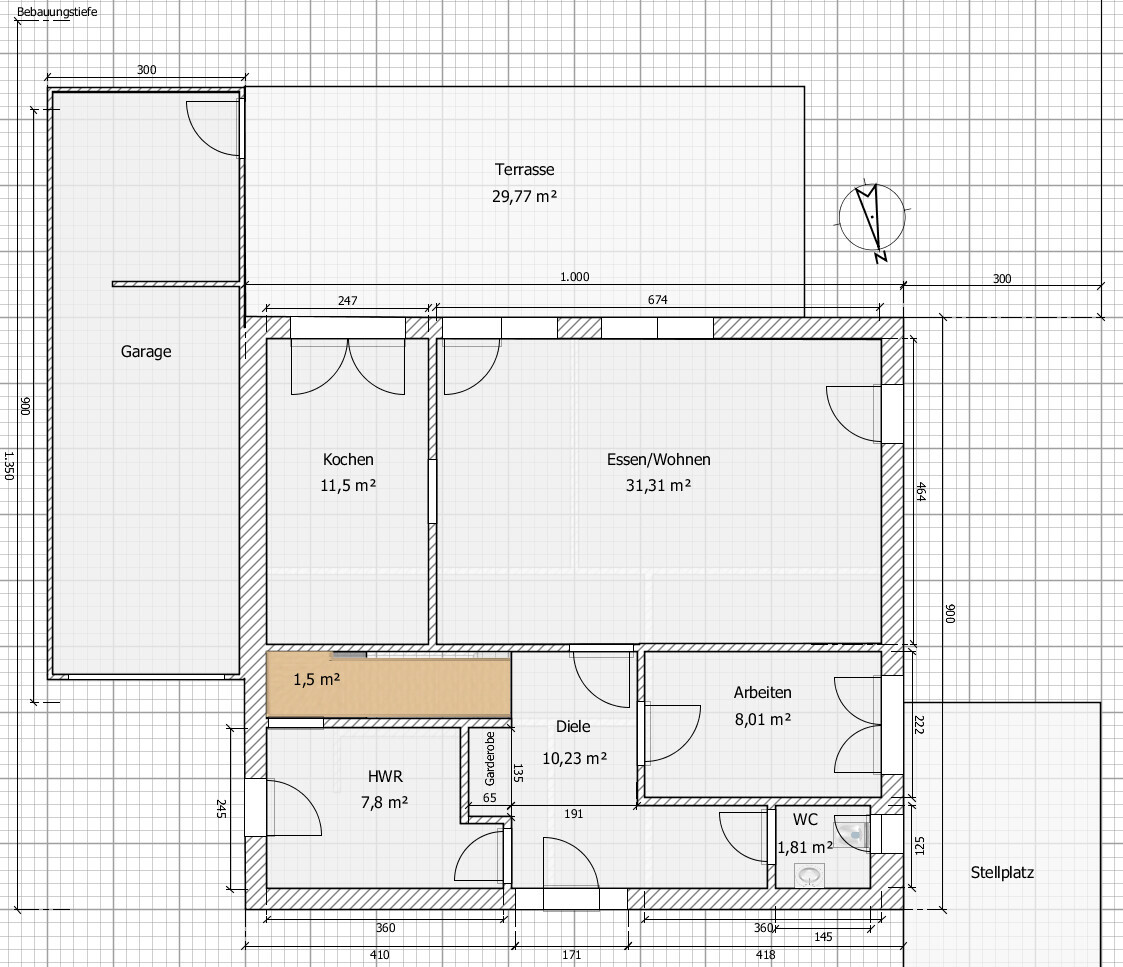 Grundriss eines Hauses: Terrasse, Garage, Küche, Essen/Wohnen, Diele, HWR, Arbeiten, WC, Stellplatz.