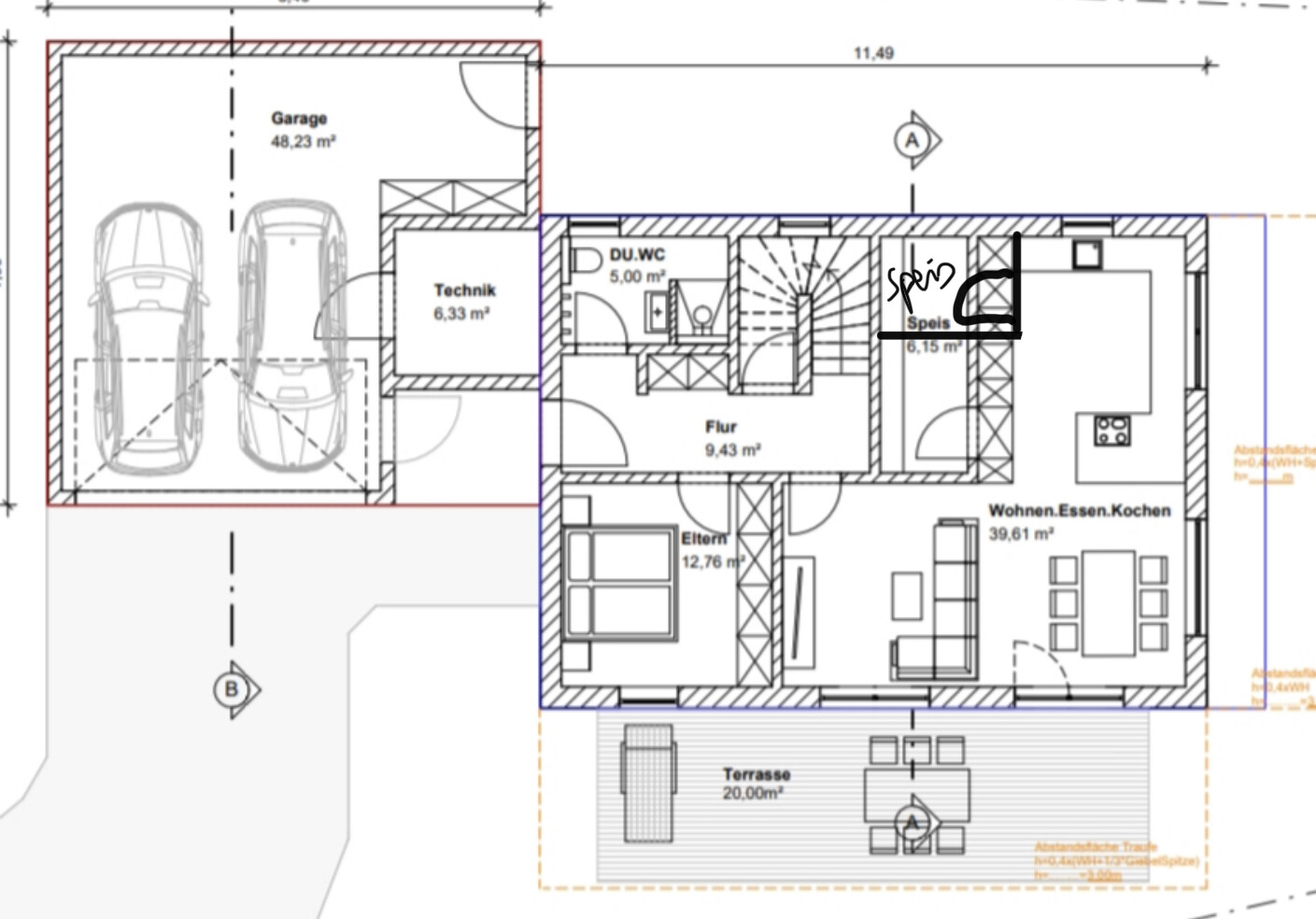 Grundriss eines Hauses: Garage, Technik, Flur, Wohnzimmer/Essen/Kochen, Elternzimmer, Terrasse.