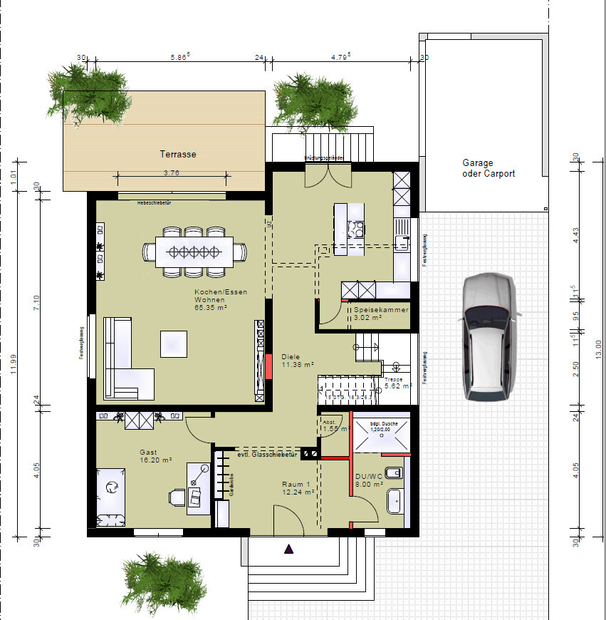 Detaillierter Grundriss eines Hauses mit Terrasse, Garage und Wohnräumen