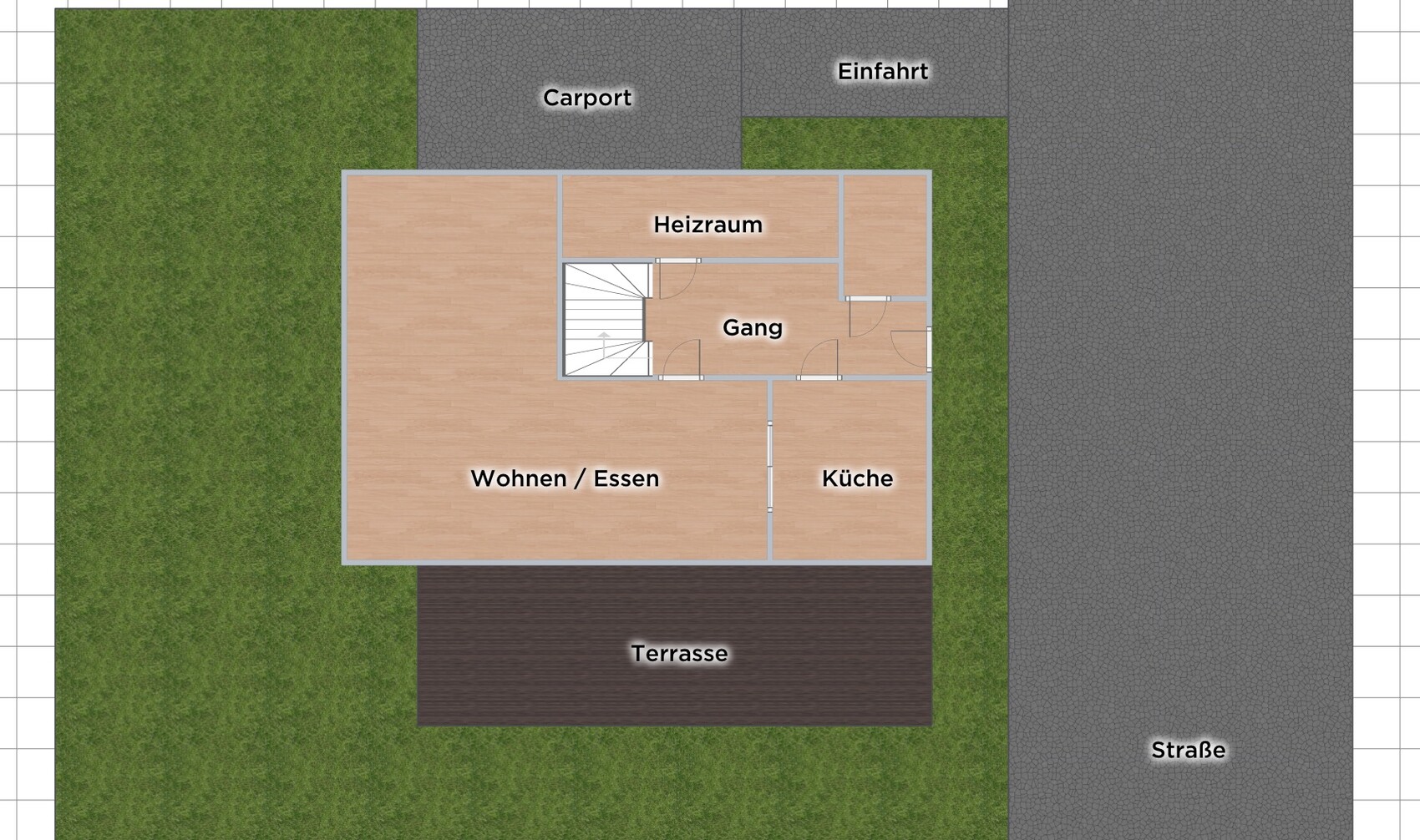 Grundriss eines Hauses mit Wohnbereich, Küche, Gang, Heizraum, Terrasse, Garten und Einfahrt