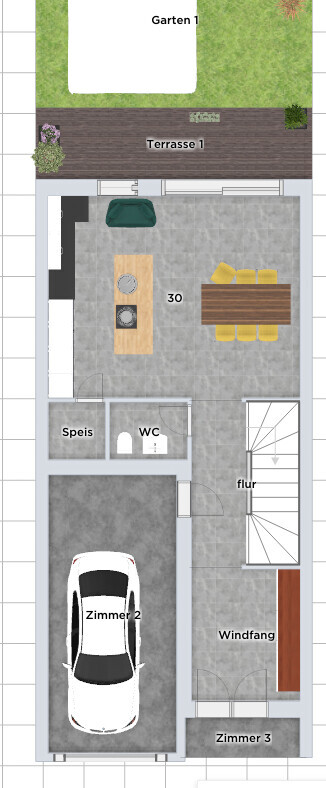 Top-down Grundriss eines Hauses mit Garage, Küche, Essbereich, Terrasse und Garten