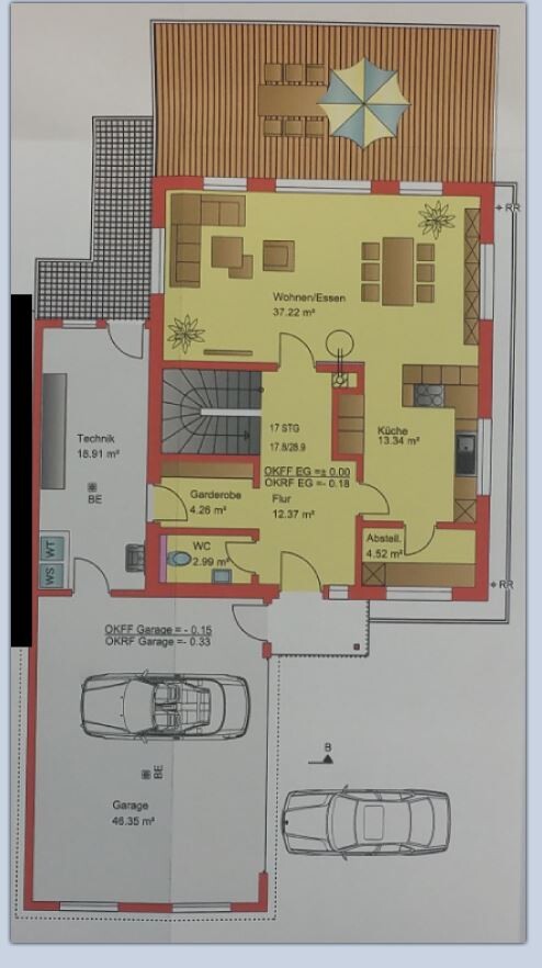 Grundriss eines Hauses mit Wohnzimmer, Küche, WC, Garderobe, Abstellraum, Garage und Terrasse.