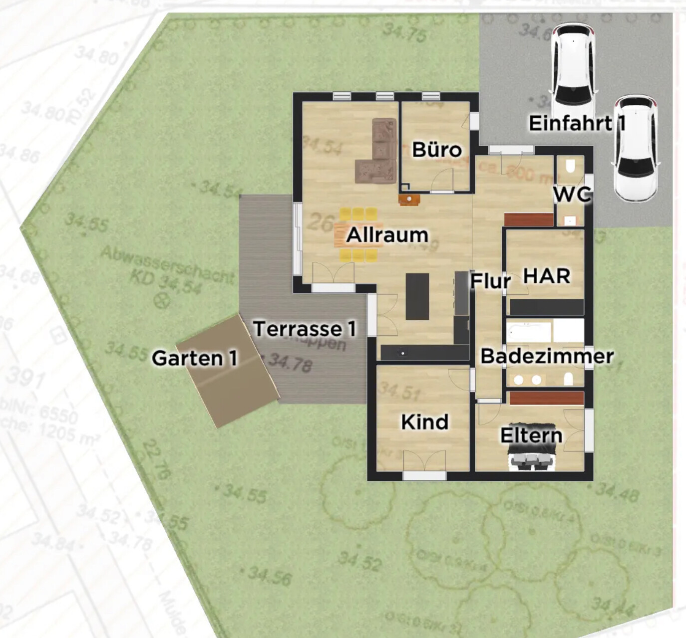 Grundriss eines Hauses mit Allraum, Büro, Bad, Eltern- und Kinderzimmer, Terrasse und Garten.