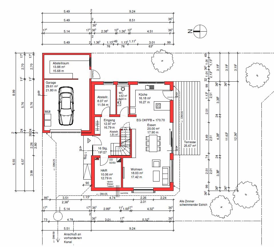 Grundriss eines Hauses: Erdgeschoss mit Terrasse, Küche, Essbereich, Wohnraum und Garage.