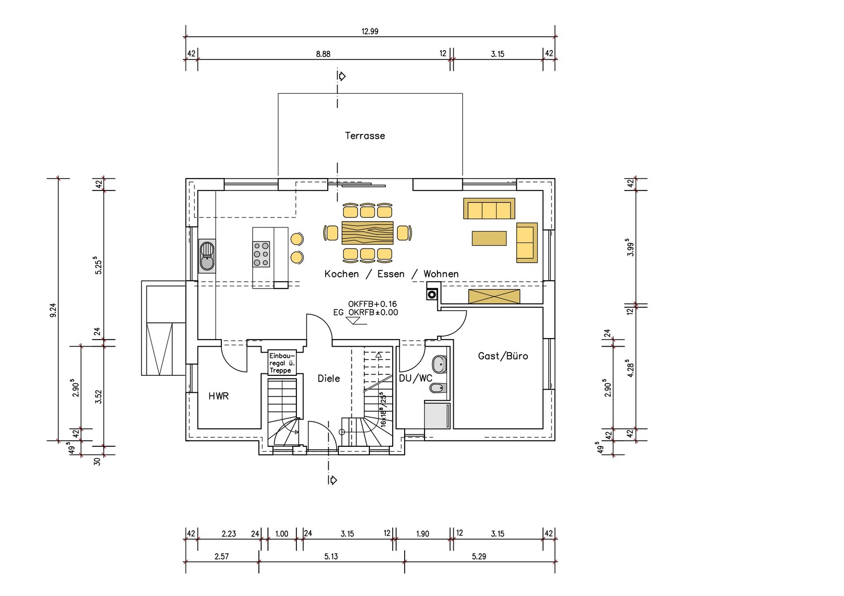 Erdgeschoss-Grundriss mit Terrasse: Kochen/Essen/Wohnen, Gast/Büro, Diele, HWR, DU/WC.