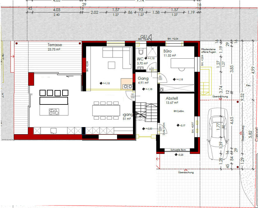 Grundriss eines Hauses mit Terrasse, Küche, Essbereich, Büro und Abstellraum