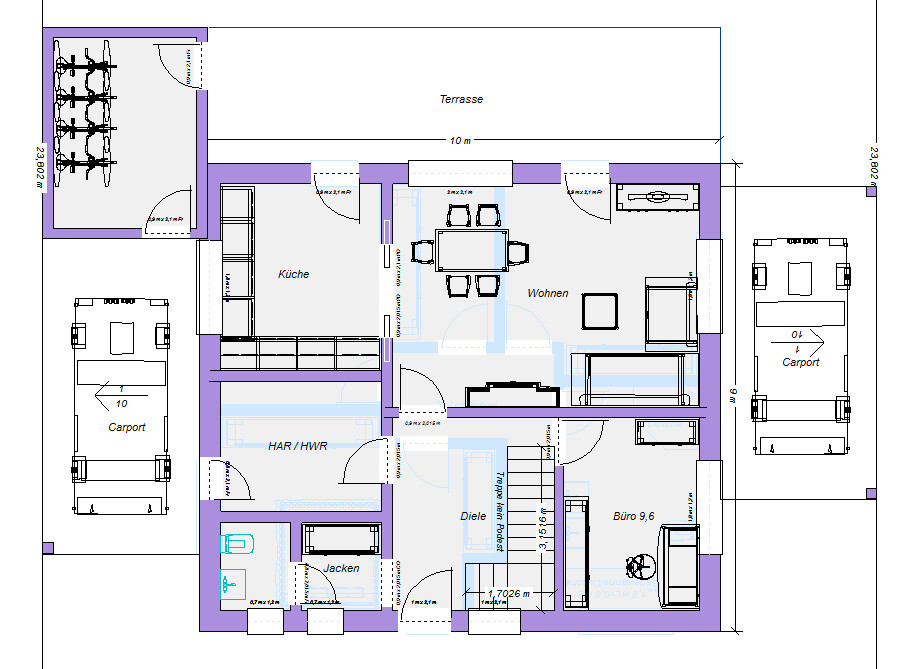 Grundriss eines Hauses: Küche, Wohnen, Diele, Büro, HAR/HWR, Terrasse, Carports