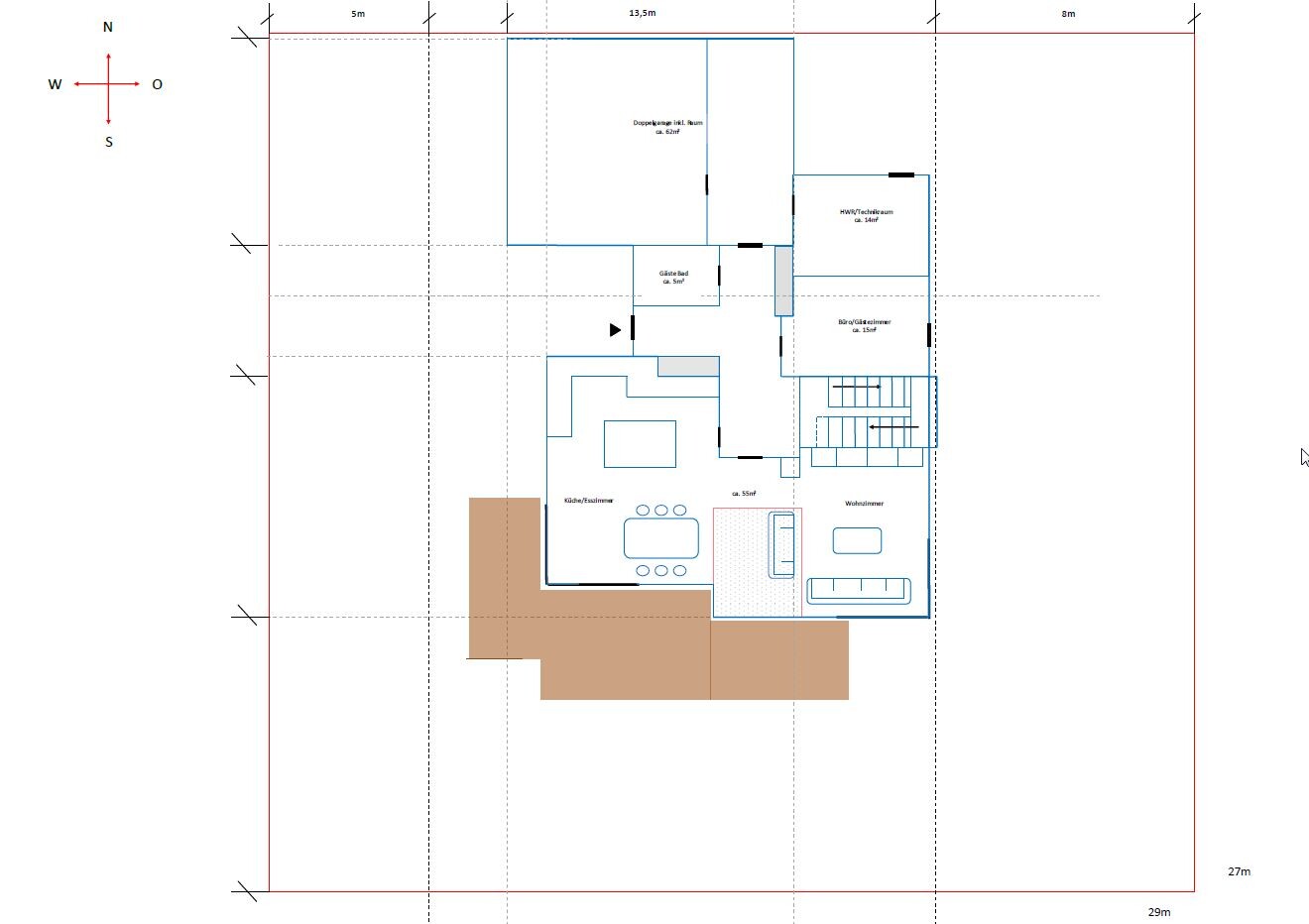 Grundriss eines Hauses: Küche/Essen, Wohnzimmer, Büro, Terrasse, Nordausrichtung.