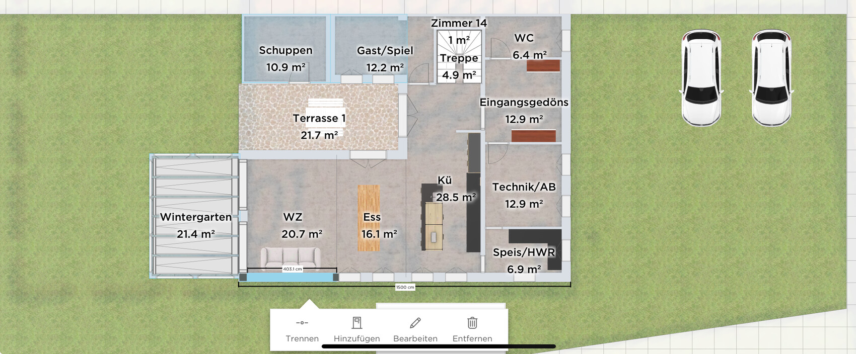 Grundriss eines Hauses mit Terrasse, Wintergarten, Wohnzimmer, Küche und Essbereich.