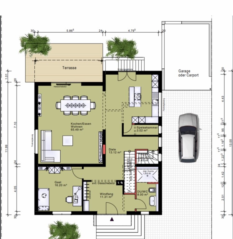 Grundriss eines Hauses mit Terrasse, Wohn- und Essbereich, Küche, Gästezimmer, Bad und Garage