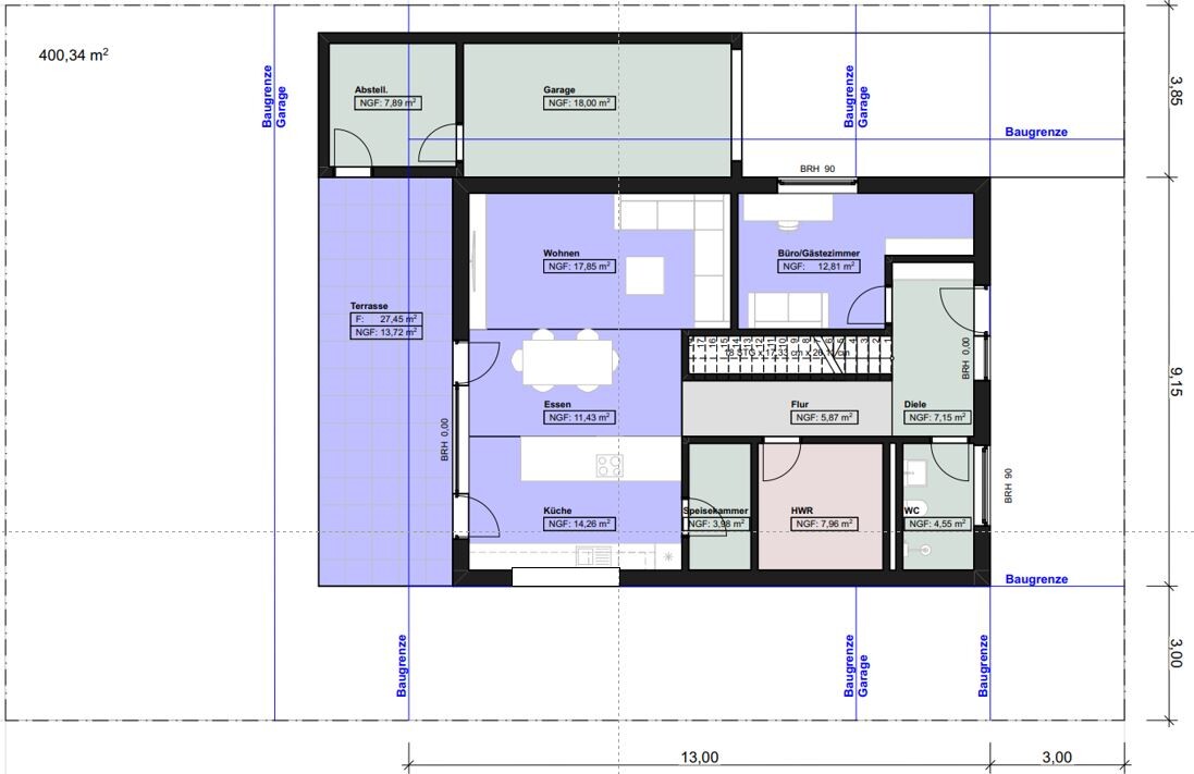 Grundriss eines Hauses mit Wohnen, Essen, Küche, Büro, Diele, Terrasse und Garage.