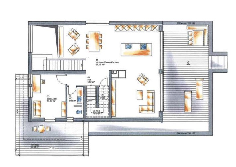 Grundriss eines Hauses mit Wohnzimmer, Küche und Terrasse