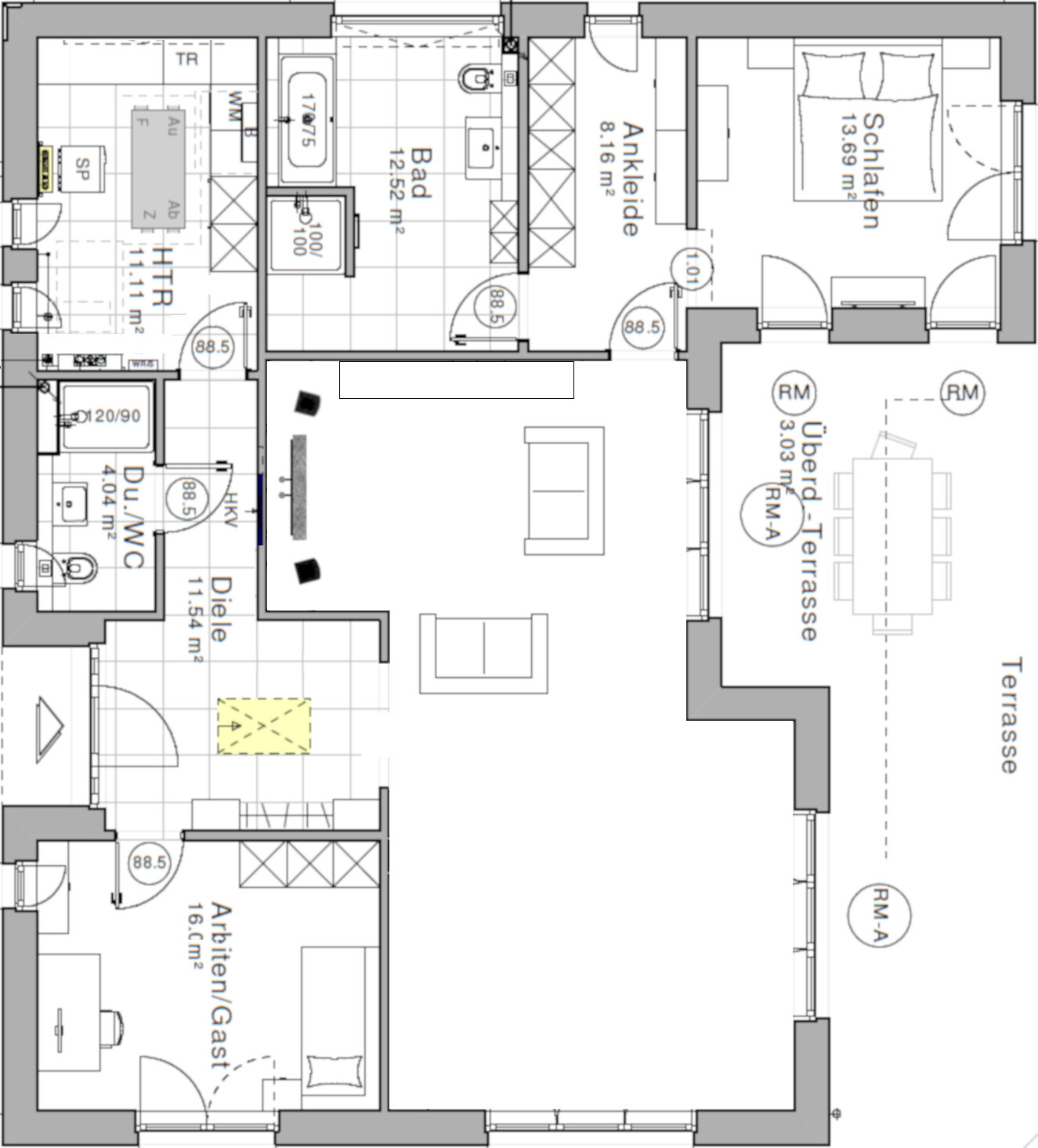Grundriss einer Wohnung mit Schlafzimmer, Bad, Küche, Wohnzimmer, Ankleide und Terrasse.