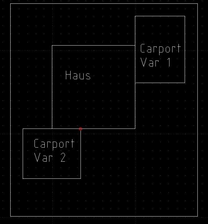 Lageplan: Haus in Mitte, Carport Var1 rechts, Carport Var2 unten links; rote Markierung.