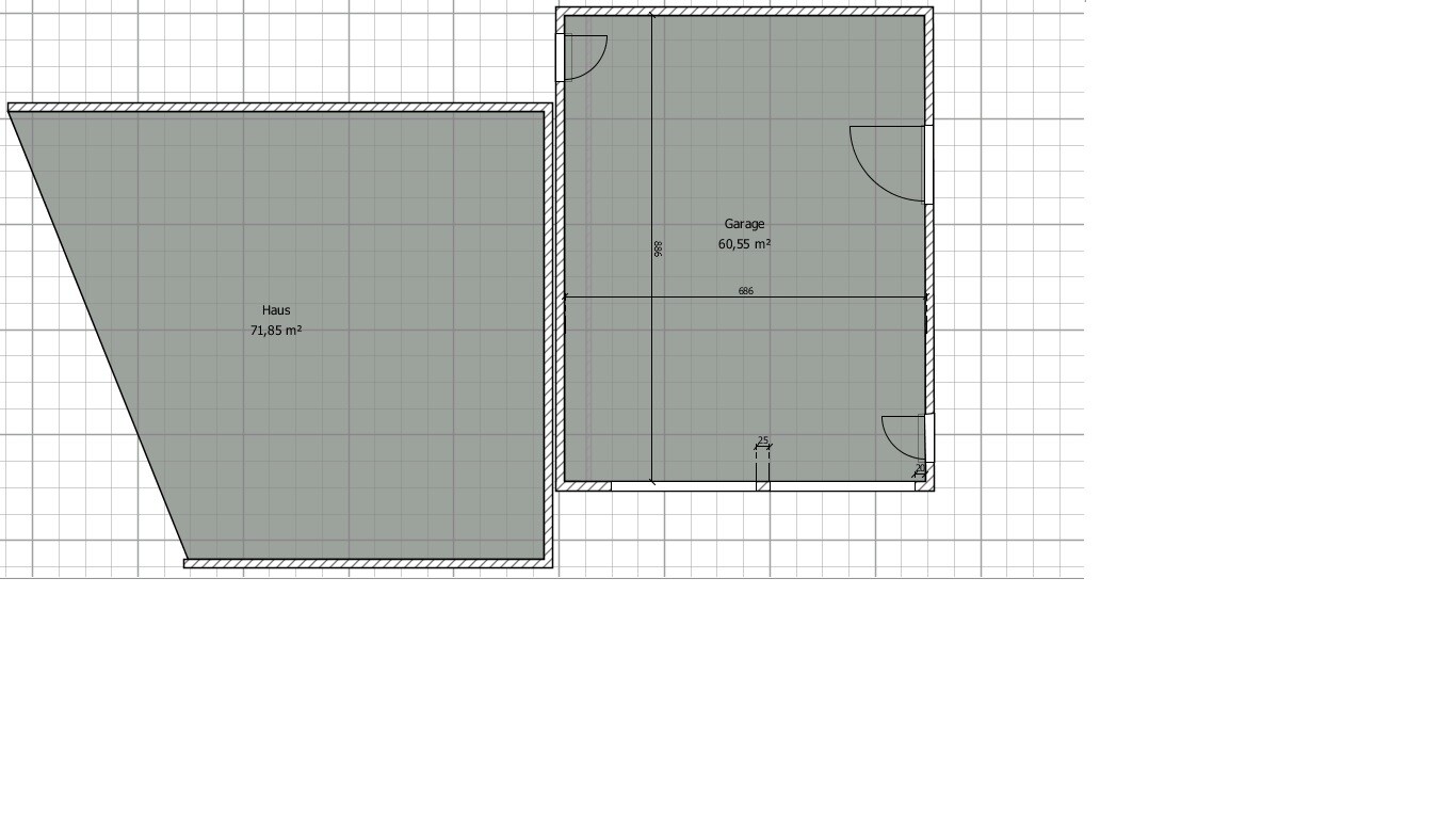 Zwei Gebäudeteile im Grundriss: links Haus, rechts Garage, Türen sichtbar.