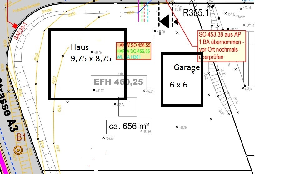 Lageplan mit Haus- und Garagen-Grundriss und Maßen (9,75 x 8,75 m; 6 x 6 m)