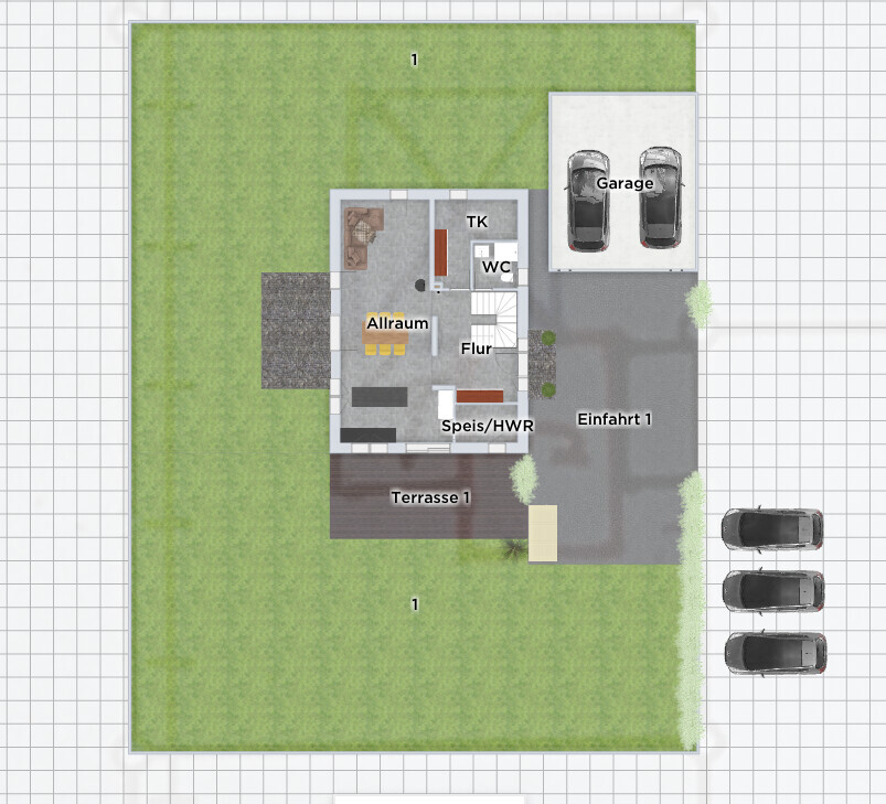 Grundriss: Haus mit Allraum, Küche, Flur, WC, Speis/HWR, Terrasse, Garage und Zufahrt.