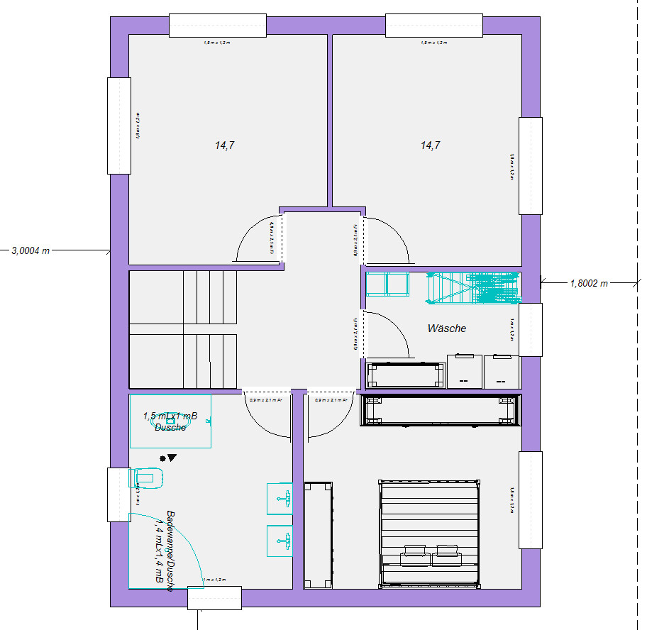Grundriss eines Stockwerks: zwei 14,7 m² Räume, Waschraum, Dusche, Treppenhaus, Eingang.