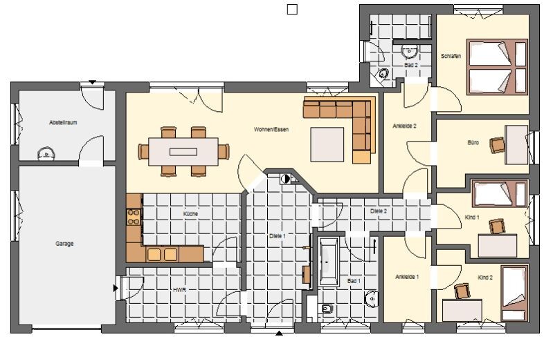 Grundriss eines Hauses: Küche, Wohnzimmer, Bad, Schlafzimmer, Büro, 2 Kinderzimmer, Garage.