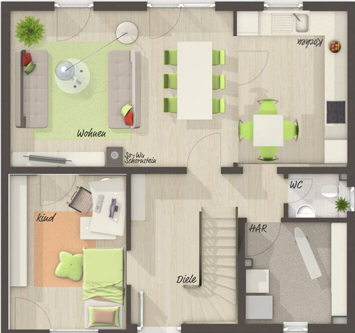 Grundriss einer Wohnung: Wohnzimmer mit Sofa, Esstisch; Küche; Kinderzimmer; Diele, Treppe; WC, HAR.