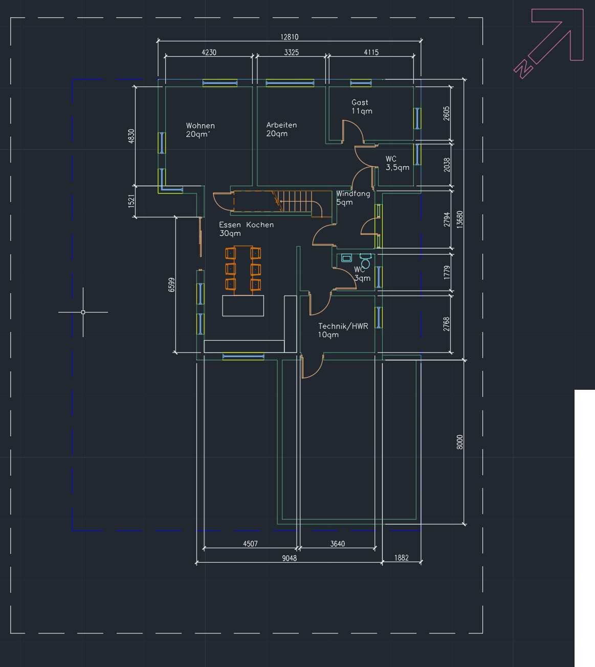 Grundriss eines Hauses mit Wohn- und Essbereich, Küche, WC, Windfang und Technikraum