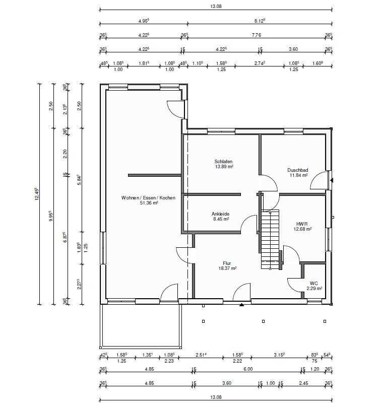 Grundriss eines Hauses: Wohn-/Ess-/Kochbereich, Schlafen, Ankleide, Flur, Duschbad, HWR, WC