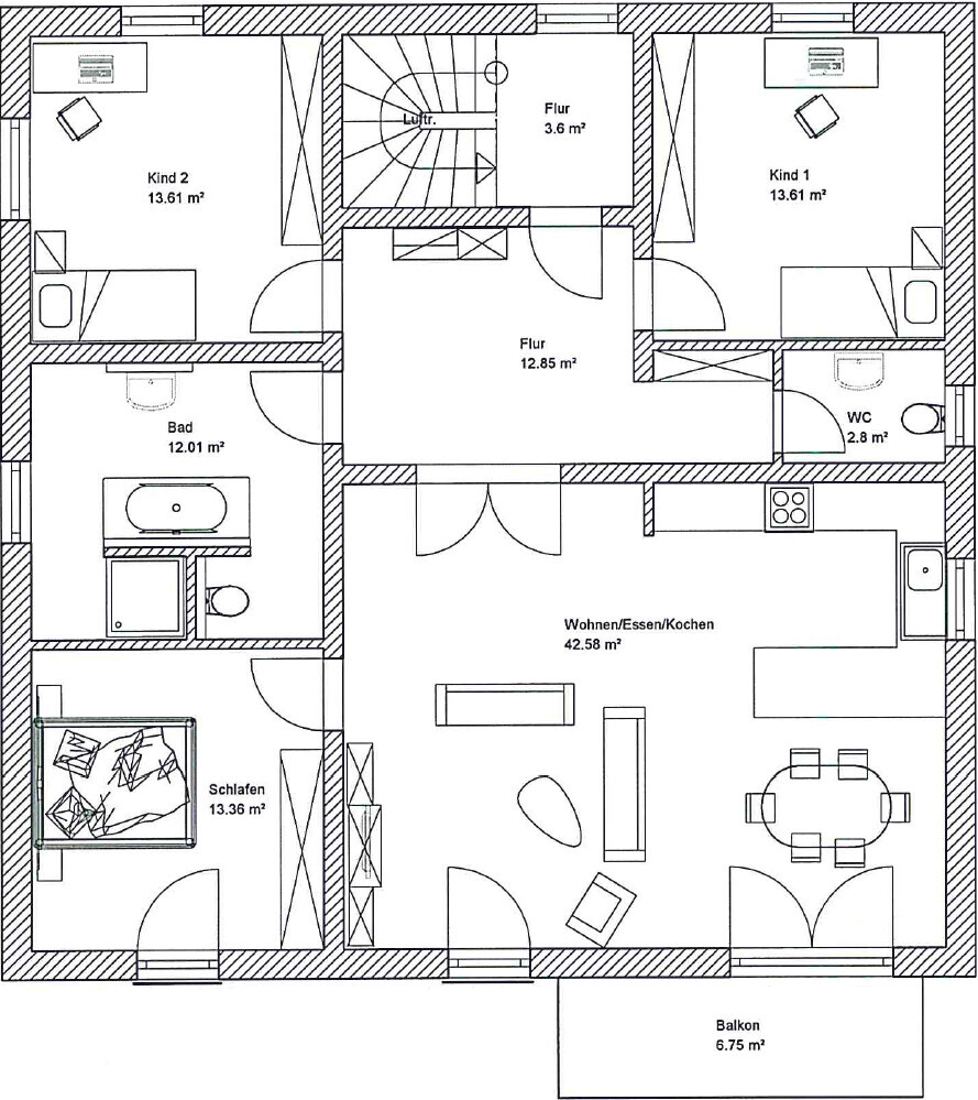 Grundriss eines Hauses mit Wohnzimmer, Küche, Bad, Schlafzimmer, zwei Kindzimmer und Balkon