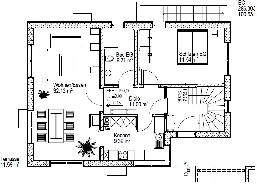 Grundriss EG: Wohnzimmer, Essen, Küche, Diele, Bad, Schlafzimmer, Terrasse und Treppe.