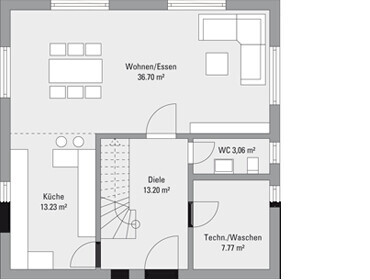 Grundriss eines Hauses mit Wohn- und Essbereich, Küche, Diele, WC und Technikraum.