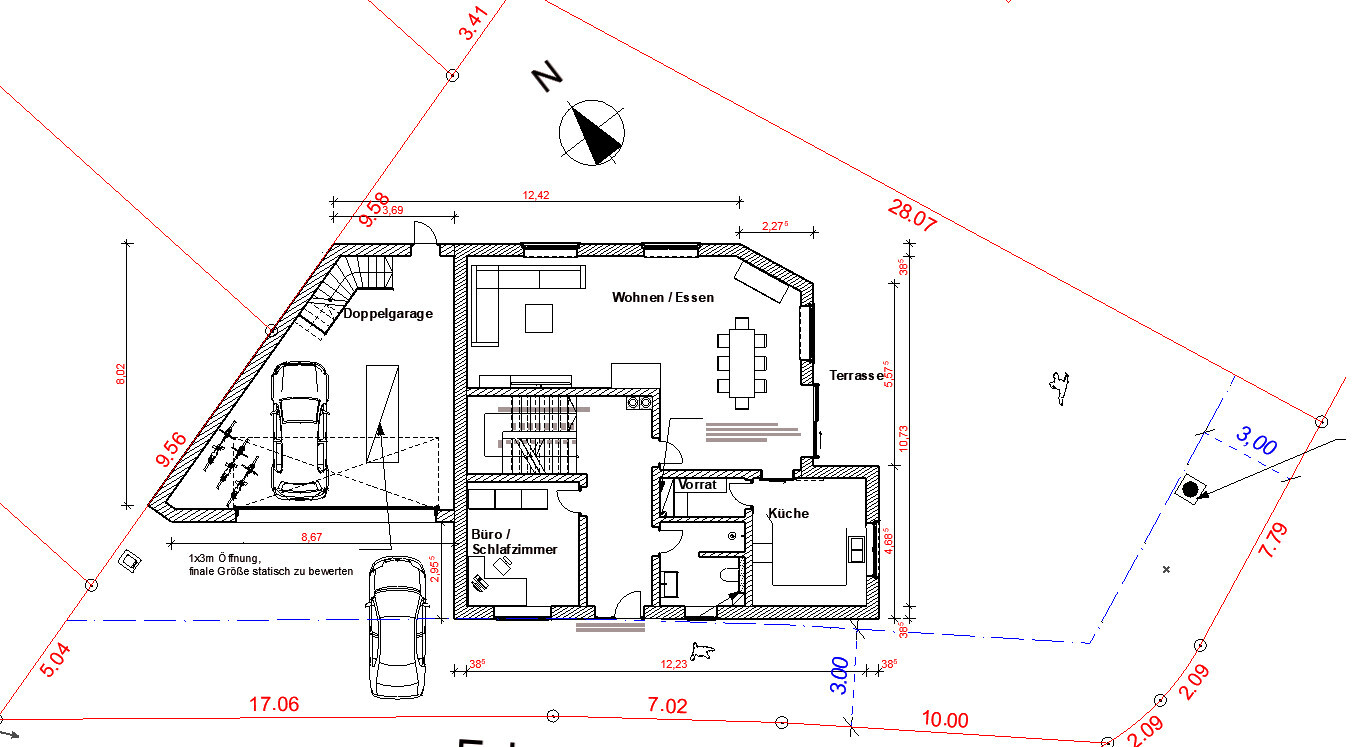 Grundriss: Doppelgarage links, Wohn-/Essbereich, Küche, Büro/Schlafzimmer, Terrasse rechts.