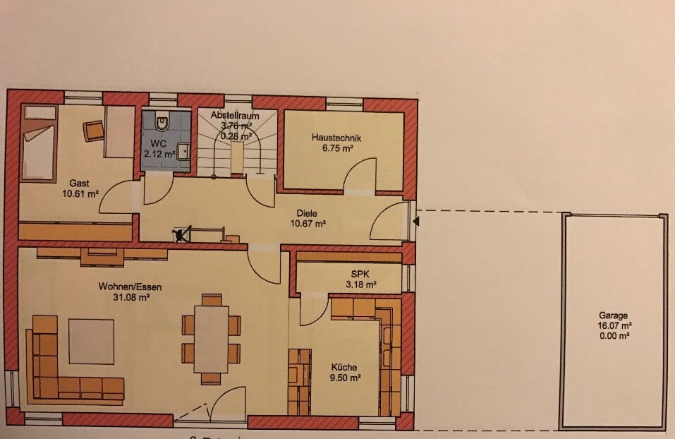 Grundriss Erdgeschoss: Wohnzimmer/Essen, Küche, Gast, Diele, WC, Haustechnik, Abstellraum, Garage.