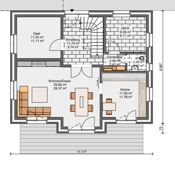 Grundrissplan eines Einfamilienhauses mit Wohnzimmer, Küche, Gastzimmer, Flur und Garderobe.