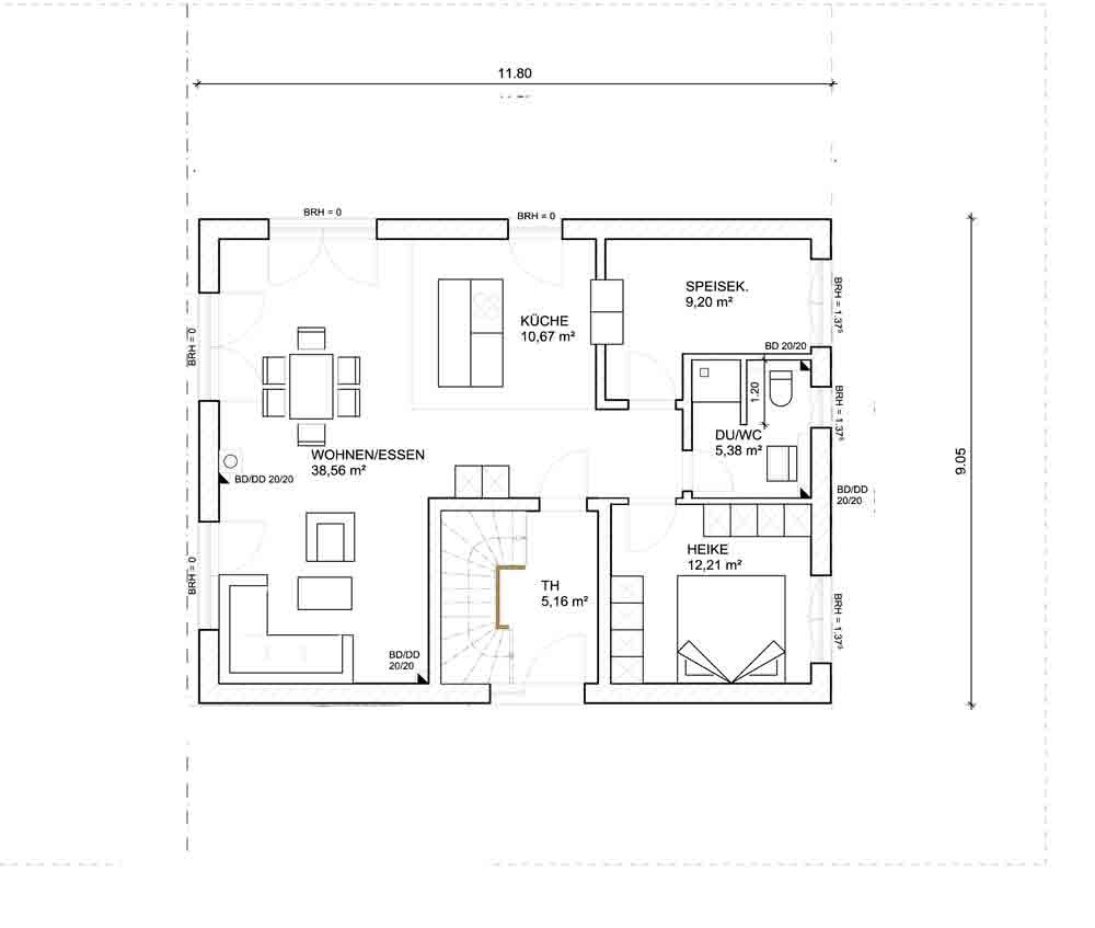 Grundriss eines Hauses mit Wohnzimmer, Essecke, Küche, Speisekammer, Dusche/WC, Schlafzimmer, Treppe.