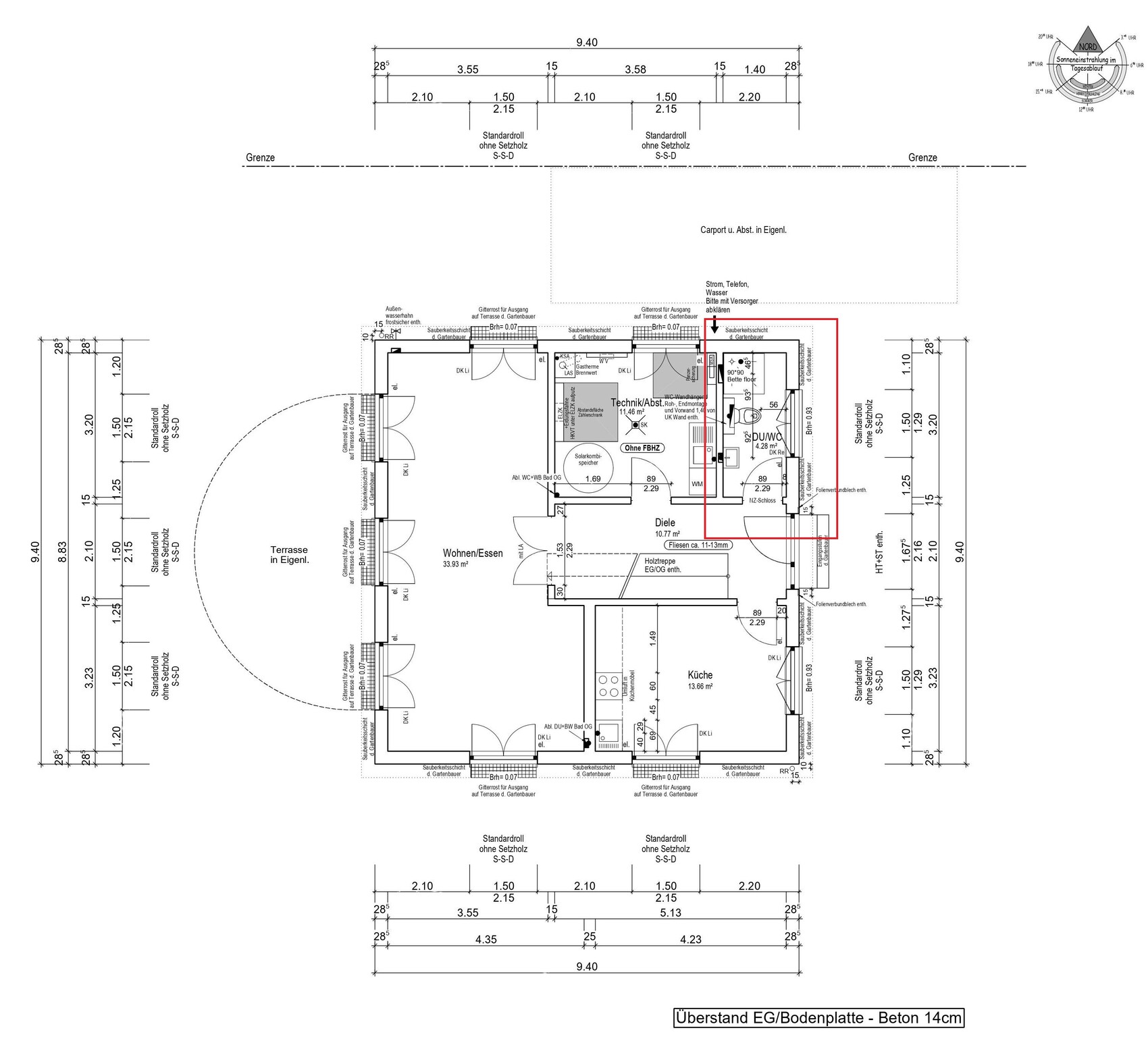 Grundriss eines Wohnhauses: Wohnzimmer, Küche und Diele; roter Bereich markiert Bad und Technikraum.