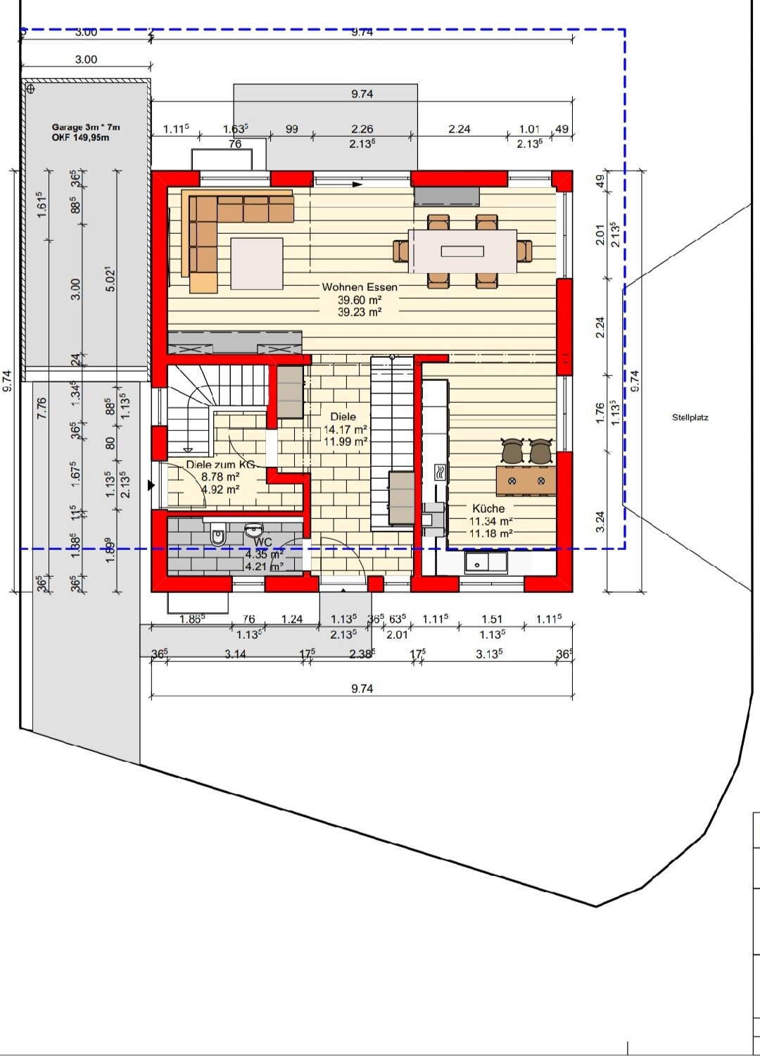 Grundriss eines Hauses: offener Wohn-/Essbereich, Küche, Diele, WC, Treppenhaus, Garage.