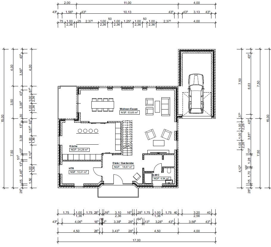 Grundriss eines Einfamilienhauses: offener Wohn-/Essbereich, Küche, Diele, Garderobe, WC und Garage.