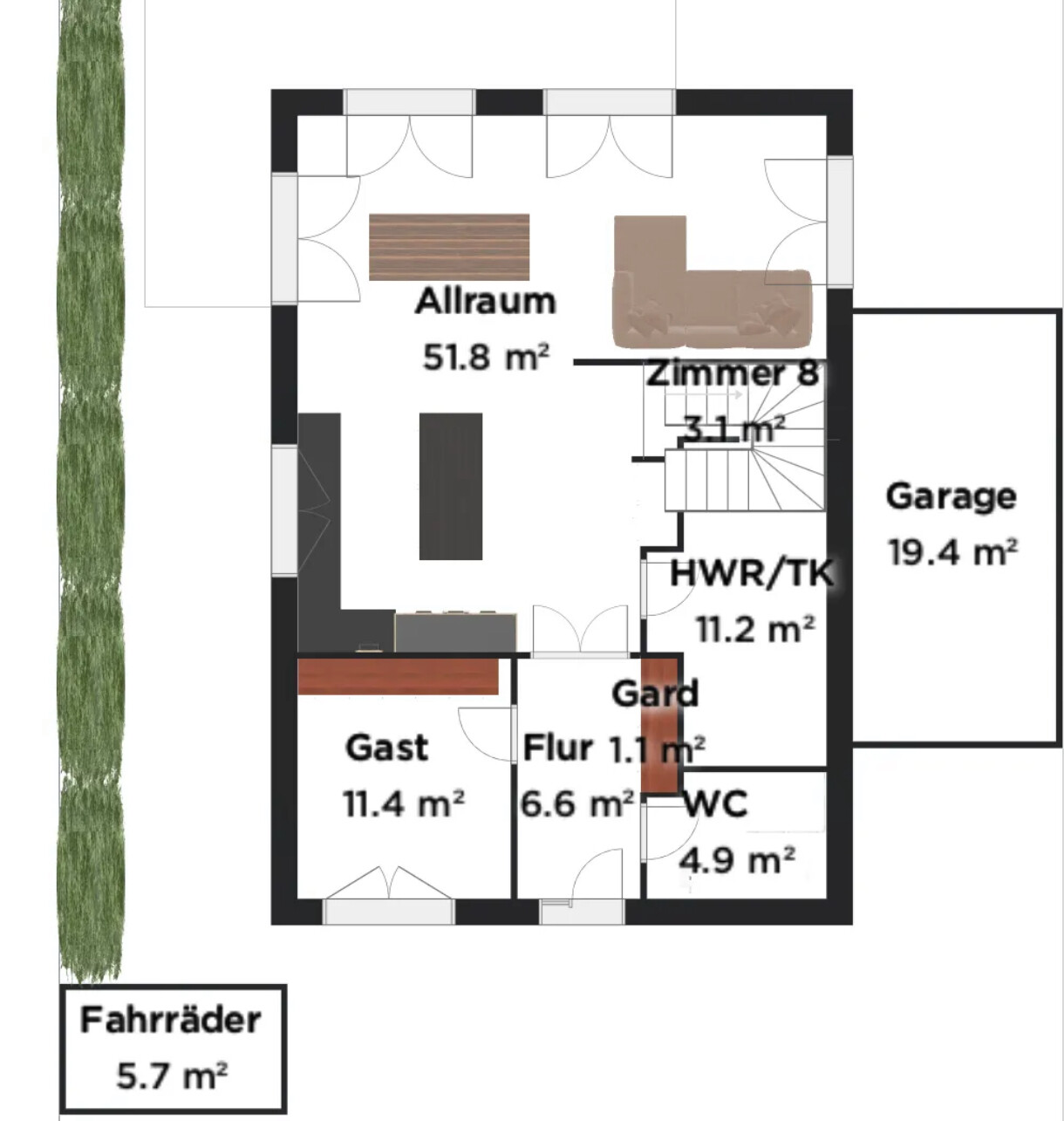 Grundriss eines Hauses: Allraum, Gäste, Flur, Gard, WC, HWR/TK, Zimmer 8, Garage