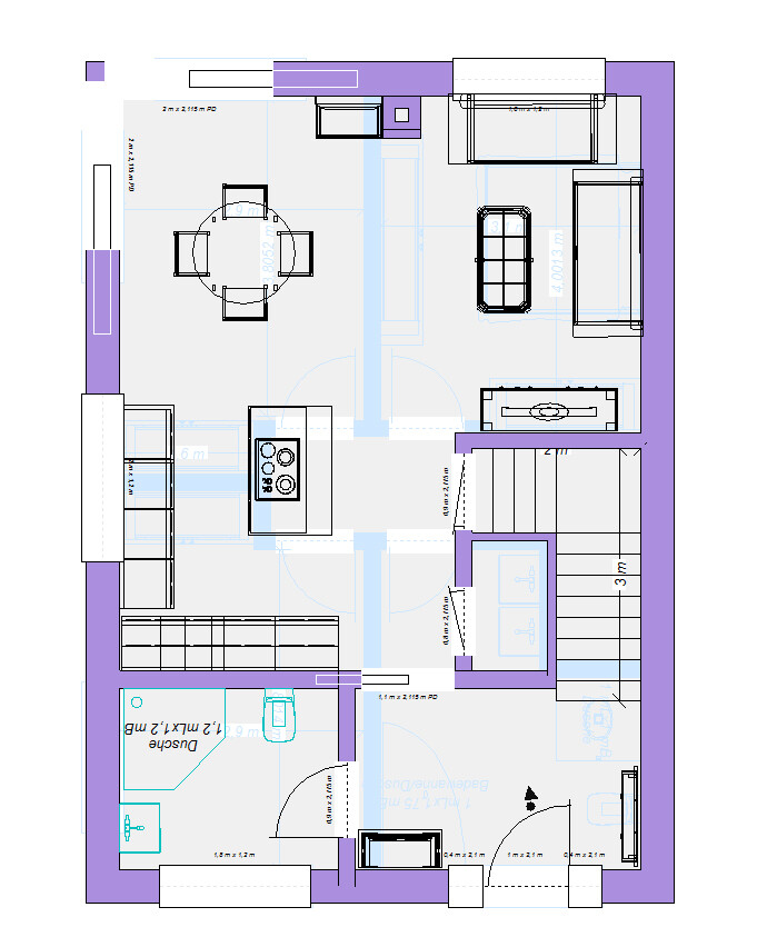Grundriss eines offenen Wohn- und Essbereichs mit Küche, Esstisch, Sofa und Treppe.