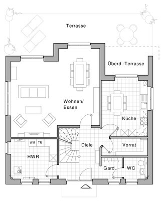 Grundrissplan eines Hauses mit Terrasse, Wohn- und Essbereich, Küche und Flur.