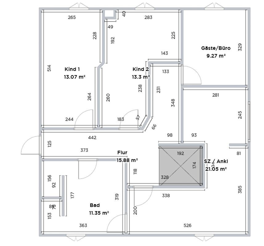 Grundriss eines Apartments mit Kind 1, Kind 2, Bad, Flur, Gäste/Büro und SZ/Ankleide.