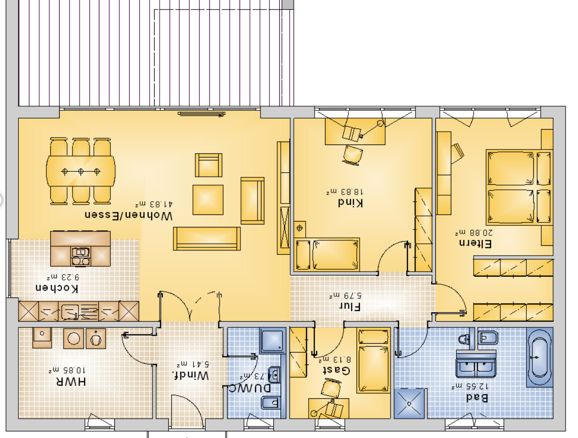 Grundriss einer Wohnung mit Küche, Wohnzimmer, Flur, Bad, HWR, WC und drei Zimmer.